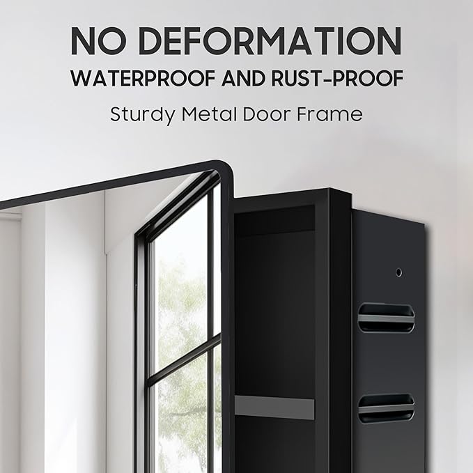 Bathroom Medicine Cabinet with Mirror, 17x27 inch Metal Black Recessed Medicine Cabinet with 3 Adjustable Metal Shelves, Rounded Rectangle Storage Cabinet