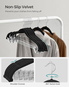 SONGMICS 30 Pack Pants Hangers, 16.7 Inches Long Velvet Trousers Hangers with Adjustable Clips, Heavy-Duty, Non-Slip, Space-Saving for Pants, Skirts, Coats, Dresses, Tank Tops, Black UCRF12B30