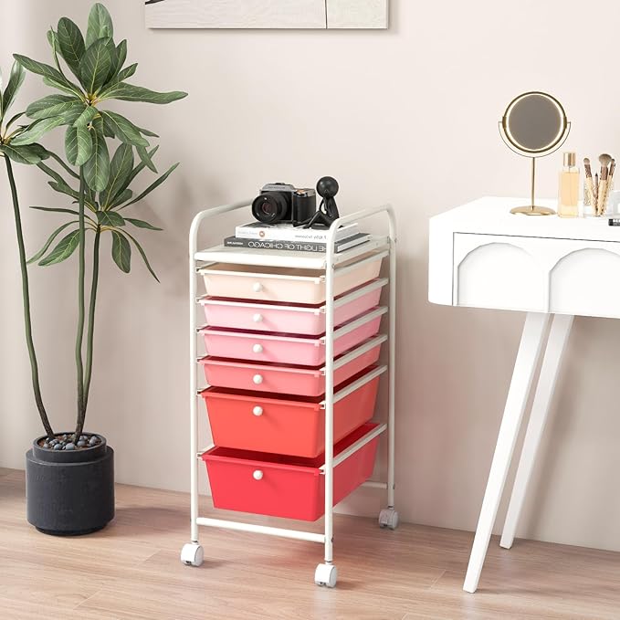 GOFLAME 6-Drawer Rolling Storage Cart, Multifunctional Art Craft Organizer Cart, Mobile Utility Storage Cart with Removable Drawers & Lockable Wheels, Craft Cart for Home Office, School, Pink