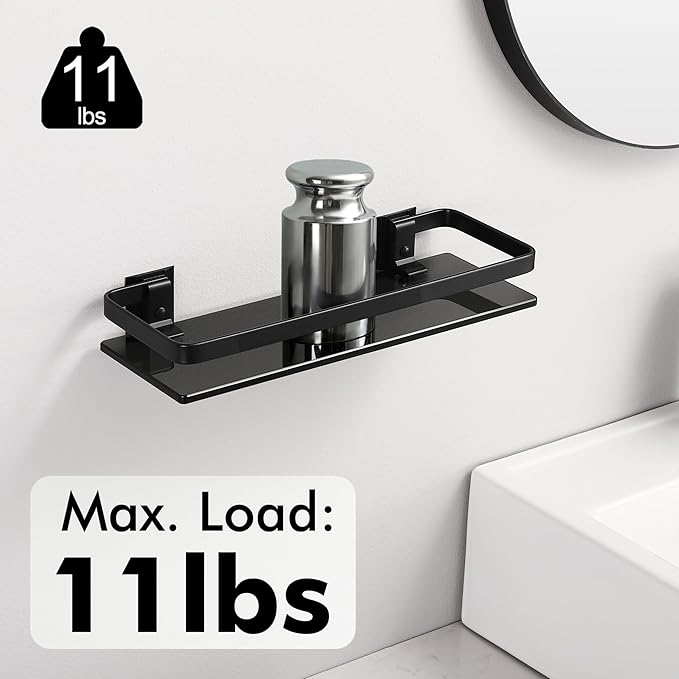 KES Black Glass Shelf for Bathroom, Glass Wall Shelf Extra Thick Tempered Glass shelfs Rectangular 2 Pack, Wall Mounted, BGS4126A-BK-P2