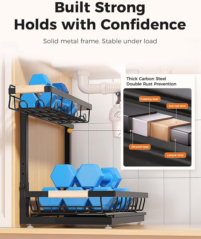 3 Pack Under Sink Organizer, Height Adjustable 2 Tier Pull-Out Metal Under Kitchen Sink Organizer, Multi-Purpose Storage Shelves for Kitchen Bathroom Cabinet (Black)