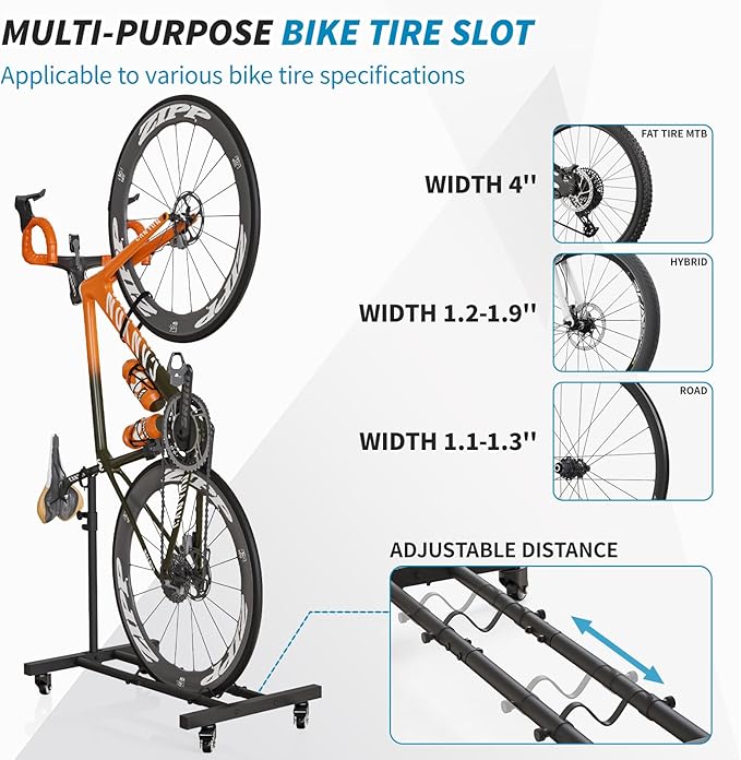 Vertical Bike Stand, Upright Bike Parking Rack Floor, Adjustable Bicycle Storage for Wheels Sizes up to 29", Freestanding Bicycle Organizer with Swivel Casters, Indoor Bike Holder for Garage 2-Pack