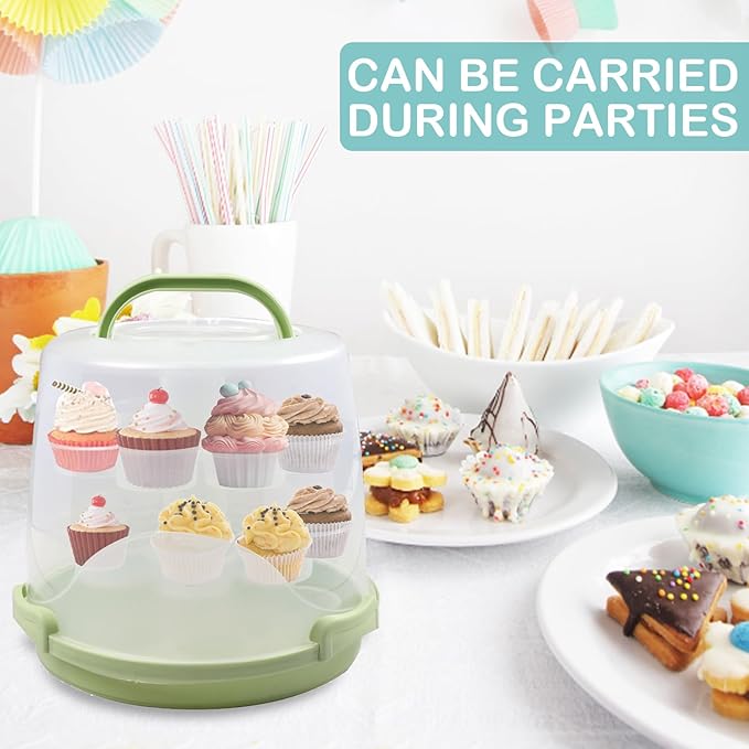 Cake Carrier Round Cake Stand Plus Height Cake Container with Cupcakes Pad, Handle, Lid Reusable Package Box for Transporting Desserts,Pie,Toast,Fruit (10" White)
