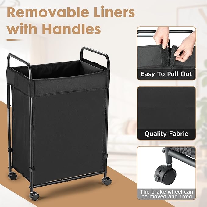 90L Laundry Hamper with Wheels, Rolling Laundry Sorter cart with Metal Frame and Removable Liner, Dirty Clothes Hampers for Bedroom, Laundry Room, Bathroom
