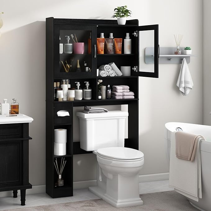 Vabches Over-The-Toilet Storage Cabinet, Farmhouse Style with 2 Acrylic Waves Doors, Space-Saving Home Storage Rack for Restroom, Bathroom and Laundry Room.Black.