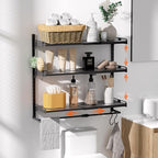 Over The Toilet Storage, 23.8" Lx8.46 Wx23.8 H, 3-Tier Adjustable Metal Bathroom Organizer Expandable Over Toilet Storage, Floating Heavy Duty Bathroom Storage, Space Saver w/Hanging Rod-Black