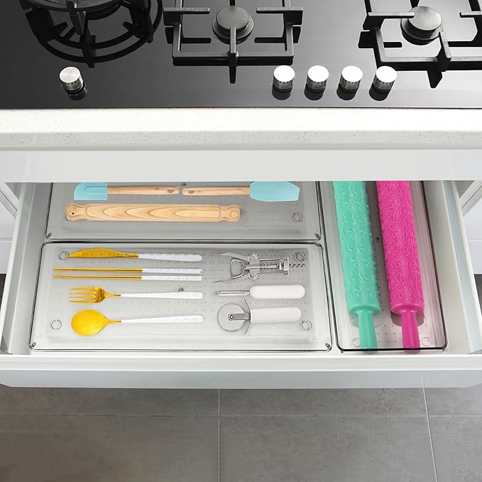 Ohlove 6 Pcs Large Clear Plastic Drawer Organizers Tray 15" x 6.3" Storage Bins with 25 Pcs Non-Slip Pads for Makeup, Jewelries, Kitchen Utensils, Bathroom and Office