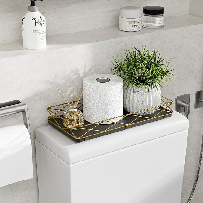 Toilet Paper Basket Holder, 13" Toilet Tank Tray, Wood and Metal Toilet Tray Vanity Organizer Bathroom Tray, Kitchen Sink Organizer for Soap Dispenser (Black + Gold)