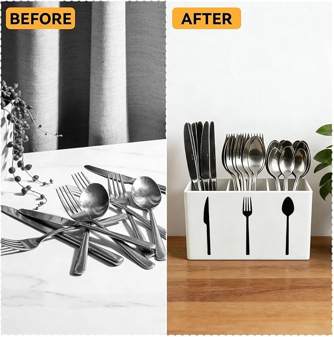 Utensil Holder,Kitchen Countertop Organizer,Silverware Organizer,3 Compartments Silverware Caddy,Plastic Utensil Holder, Large Capacity Cutlery, Spoon, Fork, and Knife Rack (White)