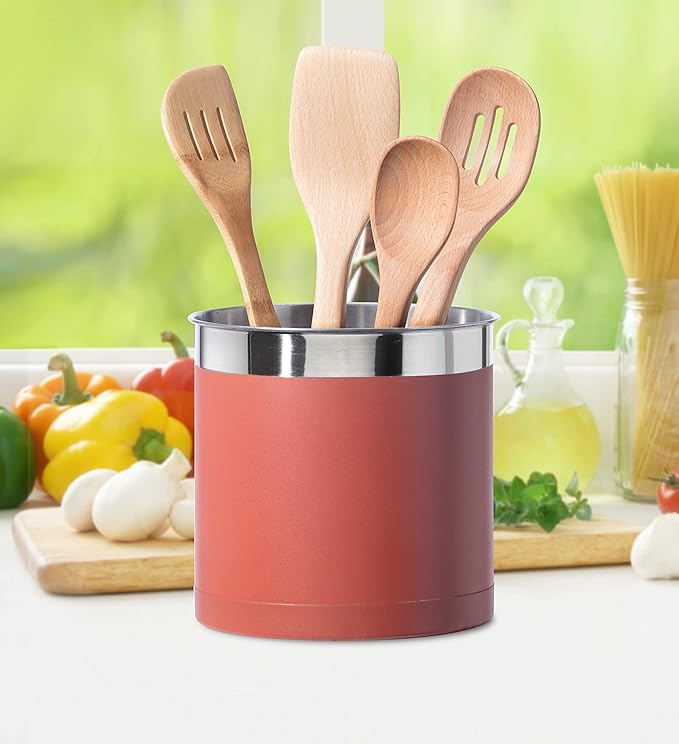 OGGI Stainless Steel Jumbo Utensil Holder - 7" Utensil Caddy, Weighted Base for Stability - Extra Large Utensil Crock and Countertop Utensil Organizer, Brick Red