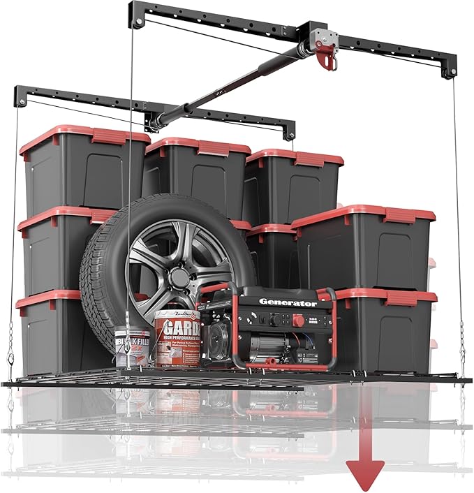 Overhead Garage Storage Rack for 12–14 FT Ceiling, Heavy-duty 4x4 FT Ceiling Storage Racks with Safety Lock, Ideal for Garage Storage Mounted Lift System and Storage Organizer, 250lbs Capacity