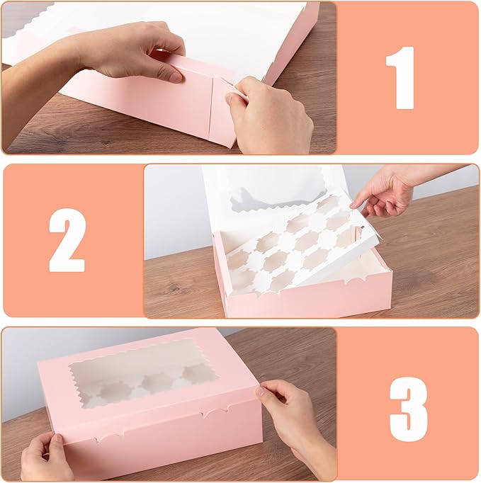 12 Count Cupcake Boxes, 4PCS Cupcake Container with Window, Food Grade Cupcake Holder for Birthday Holiday Party, Bakery Supplies for Cupcakes, Desserts, and More (Pink)