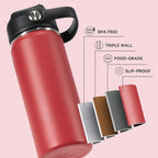 24oz Insulated Stainless Steel Water Bottle, Wide Mouth Double Wall Vacuum, Silicone Straw, Sweat & Leak Proof, BPA Free Insulated Water Flask for Travel, Keep Cold 24h Hot 12h, Scarlet