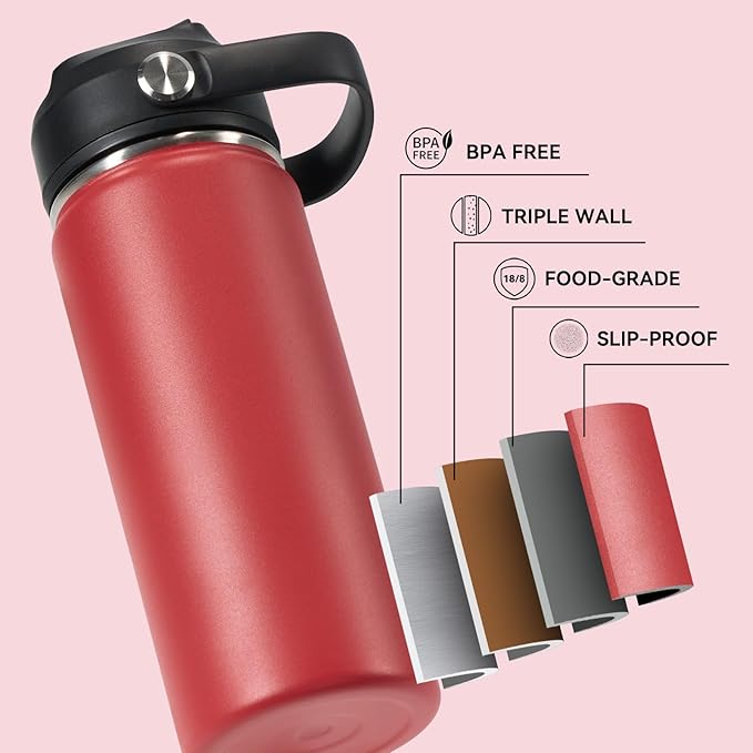24oz Insulated Stainless Steel Water Bottle, Wide Mouth Double Wall Vacuum, Silicone Straw, Sweat & Leak Proof, BPA Free Insulated Water Flask for Travel, Keep Cold 24h Hot 12h, Scarlet