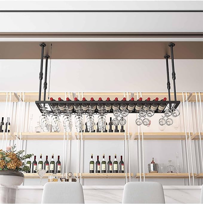 Ceiling Mounted Storage Racks Hanging Wine Rack, Adjustable Height Metal Ceiling Bottle Rack, Black Display Wine Storage Holder with Stemware Glass Shelf for Kitchen (Black 100 x 30cm)