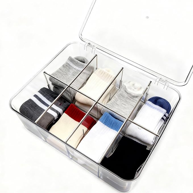 Sock Underwear Dresser Drawer Organizer with Dividers, Clear 8 Grids Plastic Storage Box Bin with Lid, Small Parts Bead Container for Jewelry Earring Scarves Ties Bras Crafts Fishing Tackle
