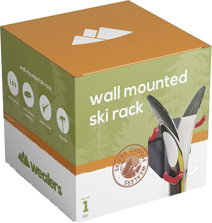 Wall Mounted Rack Organizer for Skis and Poles Heavy Duty Horizontal Wall Ski Rack Garage Storage with Metal Frame and Padded Hooks Indoors Outdoors Premium Wall Hooks (Small Holds 1 Set of Ski's)