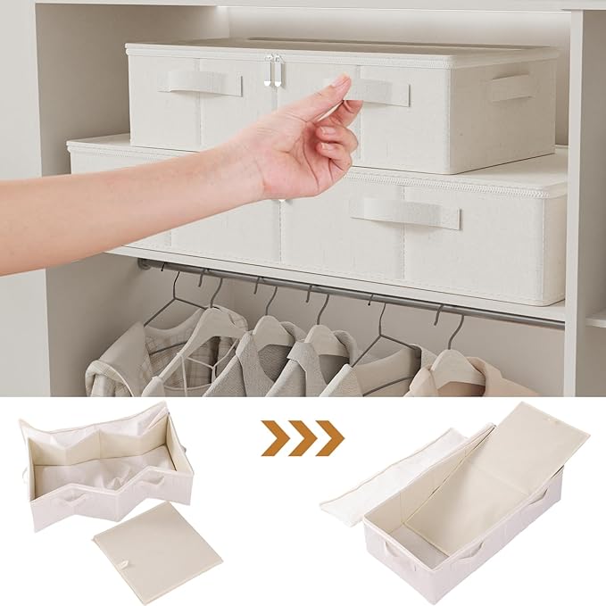 Underbed Storage Container, Foldable Under Bed Bins, Wardrobe Organisers with Lid for Organizing Clothes, Sheets, Blankets, Comforter, 23.6x11.8x5.9in, Beige, 2 Pack