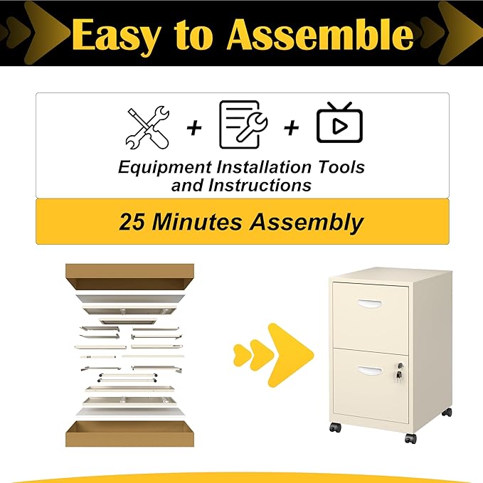 2 Drawer File Cabinet with Lock，Cream Rolling File Cabinet for Home Office, Metal Small Mobile Filing Cabinets on Wheels for Hanging Letter