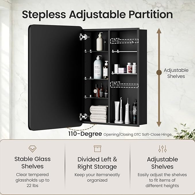 Medicine Cabinet 20x26 Inch, Black Aluminum Bathroom Mirror Cabinet with Storage, 6 Adjustable Glass Shelves, Rust Proof, Recessed or Surface Mount Wall Cabinet, Soft Close Hinge