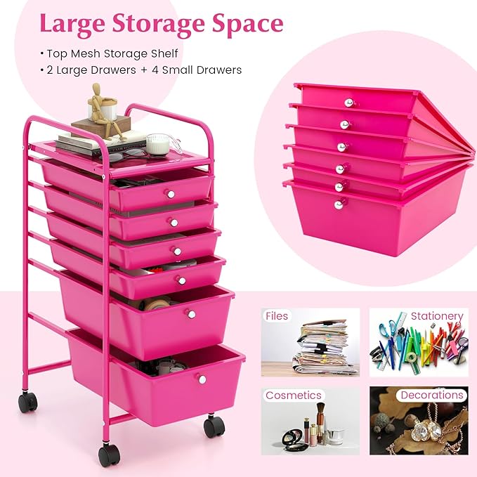 GOFLAME 6-Drawer Rolling Storage Cart, Multifunctional Art Craft Organizer, Mobile Utility Storage with Removable Drawers & Lockable Wheels, Craft Cart for Home Office, Hot Pink