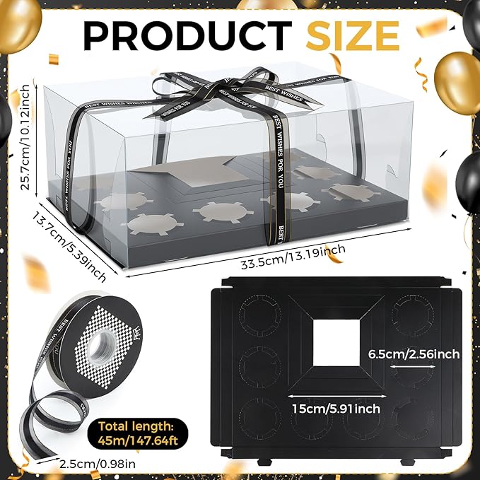 8 Pack 1+8 Bento Cake Boxes with Cupcakes Combo Bento Boxes with Clear Lid Fit Ribbon 8 Cupcakes and 1 Mini Cake for Wedding Birthday Party Treats Muffins Bakery Supplies (Black)