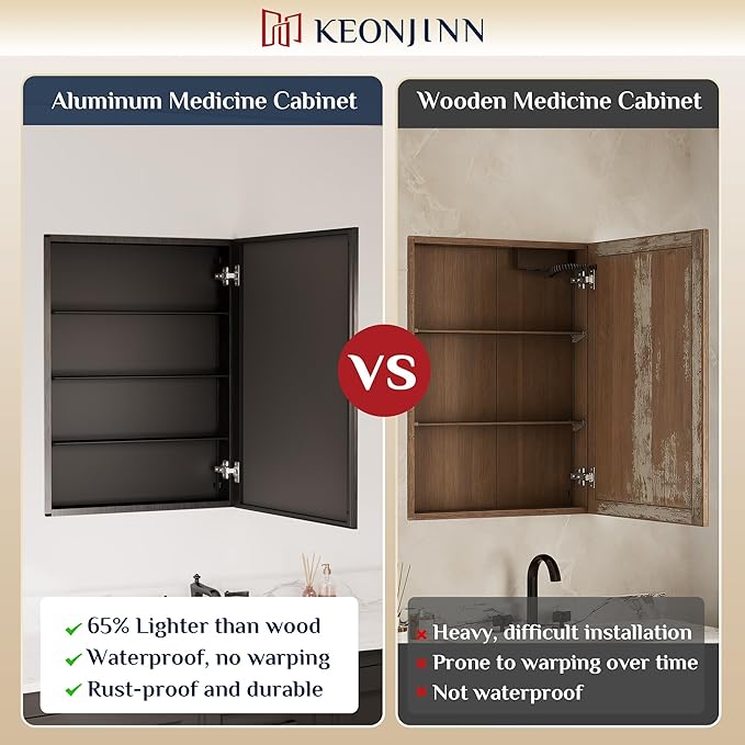 Keonjinn Medicine Cabinet Mirror 30" x 26", Assembly Needed, Black Bathroom Mirror with Storage, Beveled Aluminum Frame, Stepless Adjustable Shelves, Surface Mount or in Wall