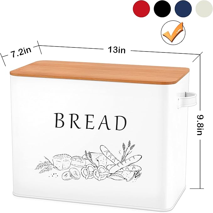 E-far Bread Box for Kitchen Countertop, Metal Bread Storage Container Bin with Bamboo Lid for Cutting Bread, Extra Large & Farmhouse Style, 13” x 7.2” x9.8”, White