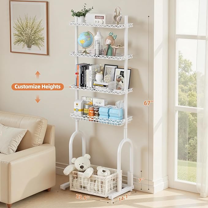EAGMAK Over The Toilet Storage Rack, 4-Tier Bathroom Organizer with Adjustable Shelves & Basket, Rust-Resistant Metal Over Toilet Shelf for Small Bathroom Space Saving, White