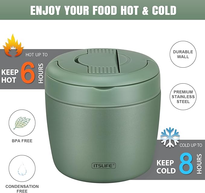 Soup Thermo for Hot Food Insulated Food Jar 32oz, Vacuum Insulated Stainless Steel Lunch Container - Wide Mouth Thermo for Soup & Food, Insulated lunch box Leakproof Bento Box with Spoon (Green)