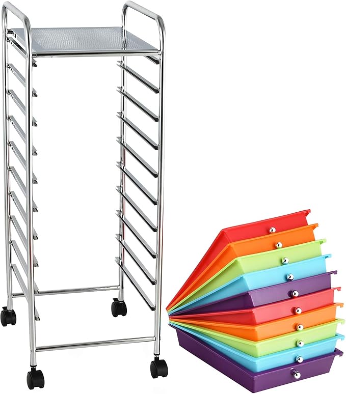 GOFLAME 10-Drawer Rolling Storage Drawer Cart, Utility Cart with Removable Drawers & Metal Frame, Mobile Art Craft Drawer Cart with Lockable Wheels for Home, Office, Studio, School, Multicolor