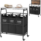 Hoctieon 3 Section Laundry Sorter Cart with Ironing Board, Laundry Hamper with Shelf and Rolling Wheels, Heavy Duty Laundry Basket Organizer, Large Clothes Separator Hamper with Removable Bags, Black