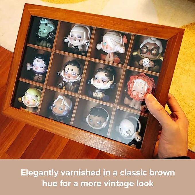 Mini Clear Display Wood Cabinet with 12 Slots - 10" x 15.5" Collectibles Display Case - Wooden Floating Shelves for Display & Home Decor - Vintage Style Wood Cubby Shelf with Front Clear Cover
