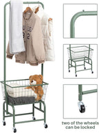 ALIMORDEN Laundry Cart with Clothes Rack, Rolling Laundry Butler with Wire Storage Rack，Green