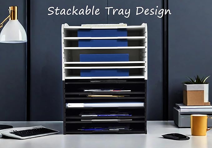 7 Tier Adjustable Shelves Office Desk Organizer,Wooden Desk File Organizer, Letter Tray, Document Letter Mail Tray Sorter, White/Black (Black-7tray(with 6 Adjustable Shelves))