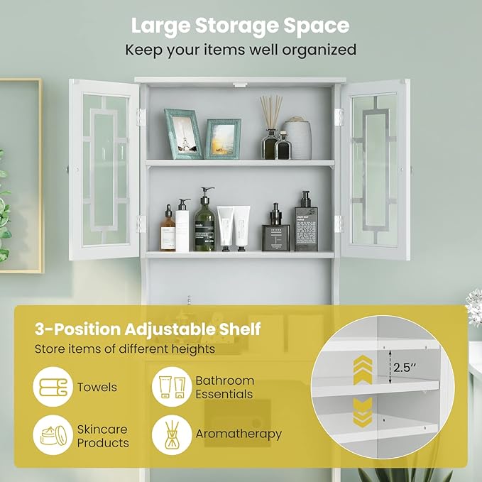 Giantex Over The Toilet Storage Cabinet, Above Toilet Bathroom Organizer with Tempered Glass Doors & Adjustable Shelf, Freestanding Space Saver Rack for Restroom, Laundry