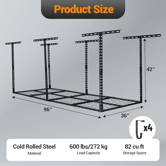 GarveeLife 3x8 ft Heavy Duty Overhead Garage Storage Rack, Adjustable Ceiling Storage Racks with 600 LBS Weight Capacity, Metal Garage Storage Organization Systerm, Black