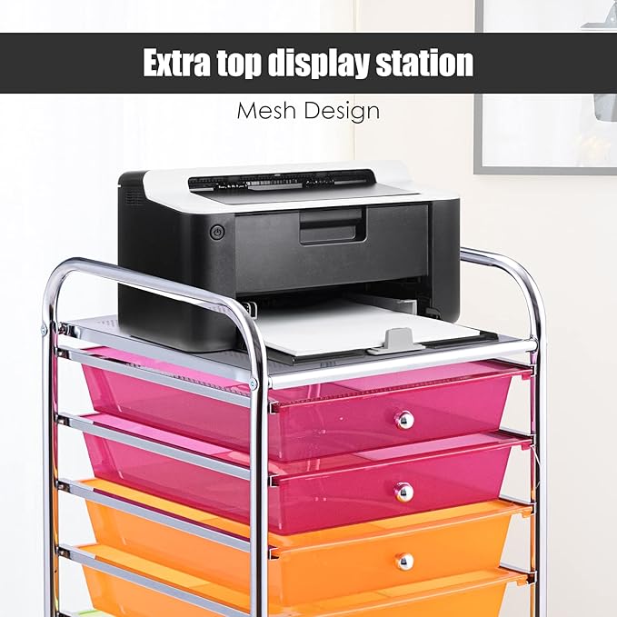GOFLAME 10-Drawer Rolling Storage Drawer Cart, Utility Cart with Removable Drawers & Metal Frame, Mobile Art Craft Drawer Cart with Lockable Wheels for Home, Office, Studio, School, Rainbow