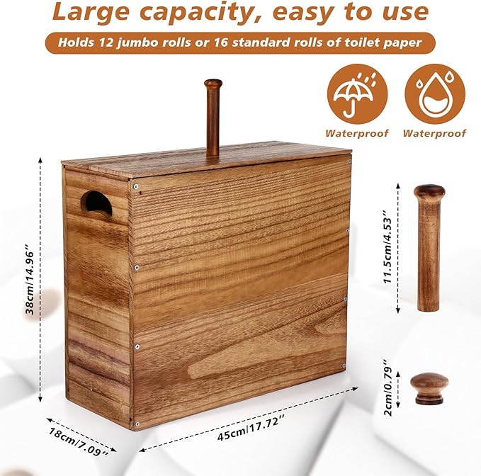 Bokon 32L Wooden Toilet Paper Holder with Lid and Handle, Waterproof and Mildew-Proof- Mega Capacity, Toilet Papers Organizer for Bathroom Standing for 9-12 Rolls Bathroom Accessories (Carbonized)