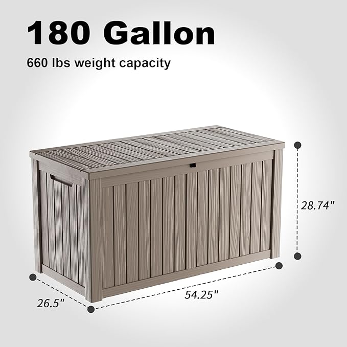 180 Gallon Deck Box Outdoor, Waterproof Outdoor Storage Boxes with Lids, Outside Resin Lockable Storage Box for Patio Cushions, Garden Tools(Grey)