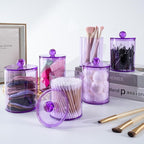 4 Pack Qtip Holder,Canister Apothecary Jar Set, Bathroom Jars with Lids Set for Cotton Swabs, Balls, Pads, Floss Picks,10oz-12oz Plastic Canisters Restroom Bedroom Vanity Organizer(Purple)