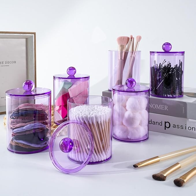 4 Pack Qtip Holder,Canister Apothecary Jar Set, Bathroom Jars with Lids Set for Cotton Swabs, Balls, Pads, Floss Picks,10oz-12oz Plastic Canisters Restroom Bedroom Vanity Organizer(Purple)