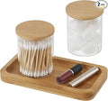 Qtip Holder with Bamboo Vanity Tray, Glass Apothecary Jars with Lids, Cotton Ball Swab Pad Rounds Holder Bathroom Canister Jars for Bathroom Restroom Decorations and Organizer