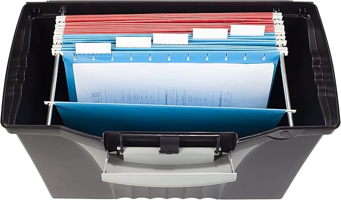 Storex Legal File Box with Organizer Lid – Plastic Office File Storage Box for Letter and Legal Hanging Folders, Obsidian, 1-Count (61510A01C)