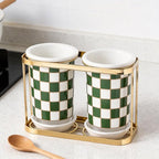 Ceramic Checkered Utensil Crocks with Gold Metal Rack, Black & White Grid Kitchen Utensil Storage, Farmhouse Kitchen Decor, Flatware Organizer & Home Accessory (Green)