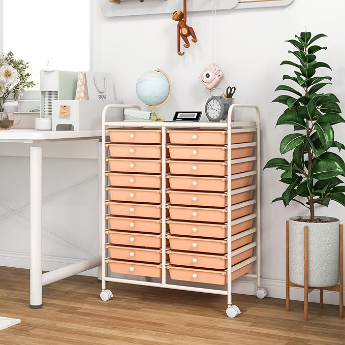 GOFLAME 20-Drawer Rolling Storage Cart, Multifunctional Art Craft Organizer Cart, Mobile Utility Storage Cart with Removable Drawers & Lockable Wheels, Craft Cart for Home Office, Peach Fuzz