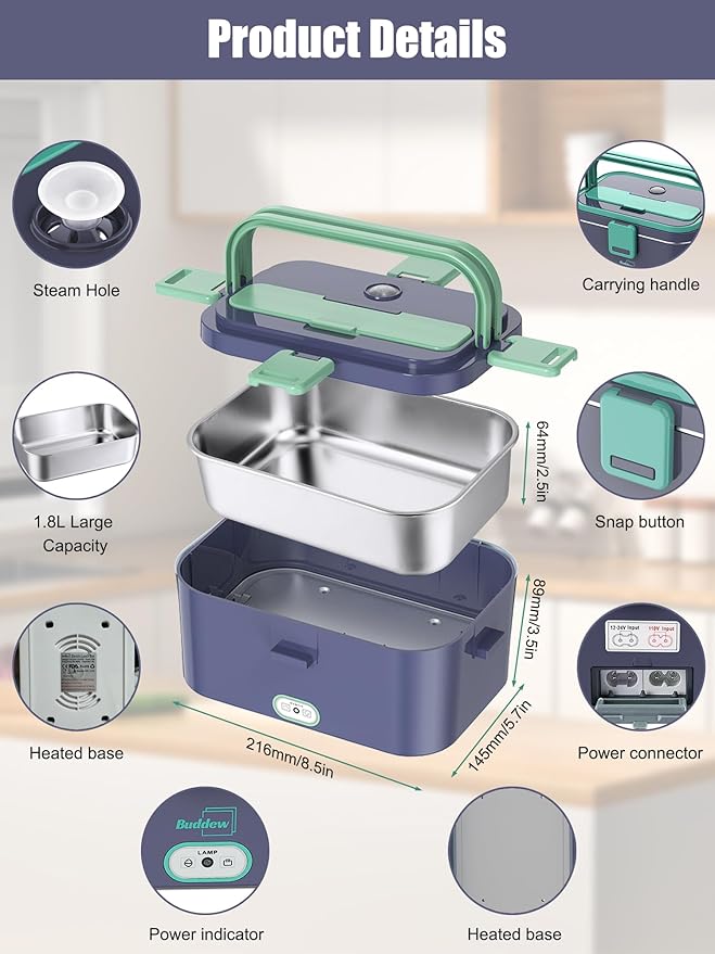 Buddew Electric Lunch Box for Adults, 80W Heated Lunch Box 1.8L Stainless Steel Portable Food Warmer,12/24/110V Lonchera Electrica Portatil for Travel & Work, Loncheras para Hombres de Trabajo