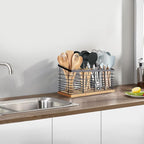 Suli Extra Large Kitchen Utensil Holder with 4 Compartments，Matte Black Metal holder with Wooden Base for Kitchen Countertop，Farmhouse Cooking Utensil Storage, Rustic Cooking Utensil