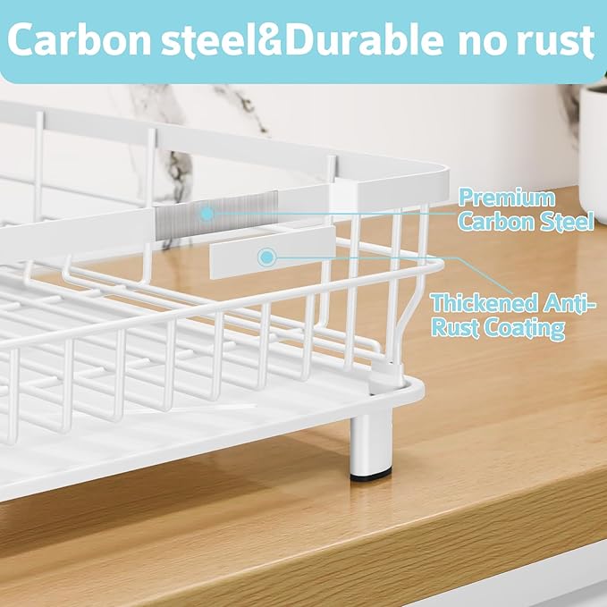 Dish Drying Rack - Space Saving Dish Rack - Dish Racks for Kitchen Counter with Drainboard,Rustproof Dish Drainer with Removable Utensil Holder,White