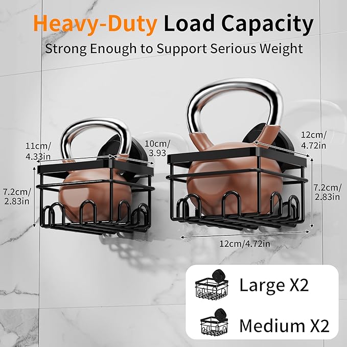 KEGII Suction Cup Shower Caddy 4 Pack, Universal Fit for All Showerheads, No Drill Bathroom Organizer with 36 Hooks & Razor Holder, Removable and Waterproof, Black